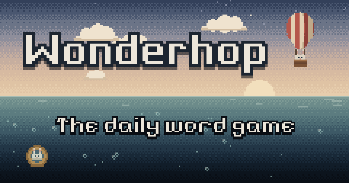 Wonderhop: a rabbit in a hot-air balloon in the sky, another in a diving suit under the sea, in pixel art.