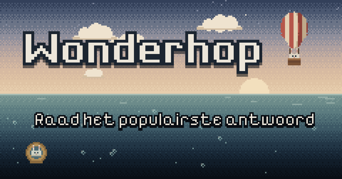 Wonderhop: een konijn in een luchtballon in de lucht en een ander in een duikpak onder zee, in pixelart.
