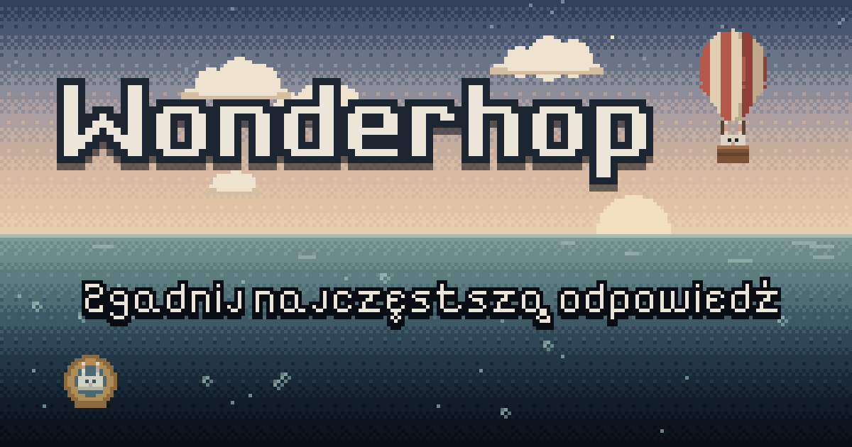 Wonderhop: królik w balonie na niebie i drugi w skafandrze pod wodą, w pixel arcie.